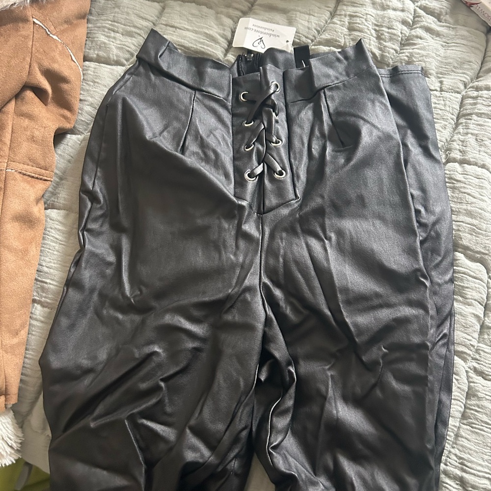 Windsor Black Lace-Up Faux Leather Pants